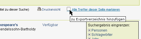 Alle Titel einer Trefferseite in das Exportverzeichnis übernehmen