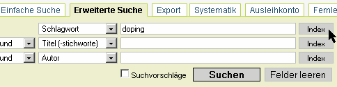 Eingabe Schlagwort doping und Auswahl des Index