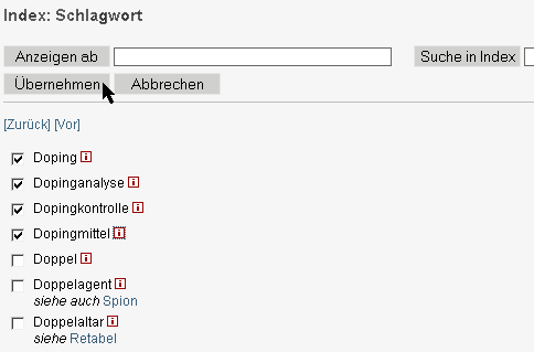 Auswahl verschiedener Schlagwort und Übernahme in die Suche