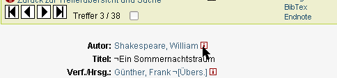 Klick auf den i-Button, um den Index-Eintrag für den Autor Shakespeare aufrufen