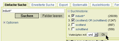 Suchhistorie: Verknüpfung der Suchanfragen mit und