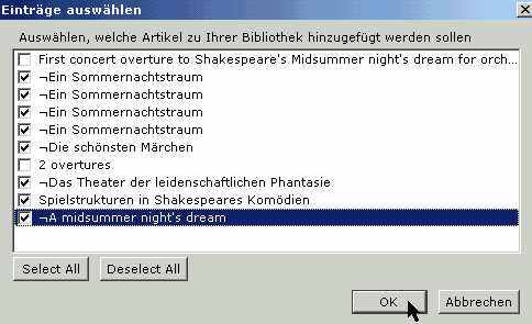 Titel für den Import in Zotero auswählen