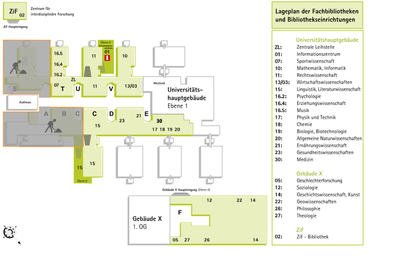 Lageplan der Fachbibliotheken und Bibliothekseinrichtungen im Uni-Hauptgebäude, Gebäude X und im ZiF (zum Vergrößern anklicken)